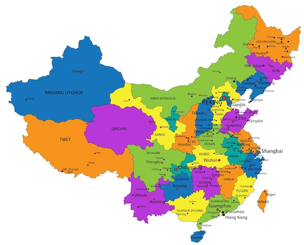 Mapa político de China colorido con capas separadas claramente etiquetadas Ilustración vectorial