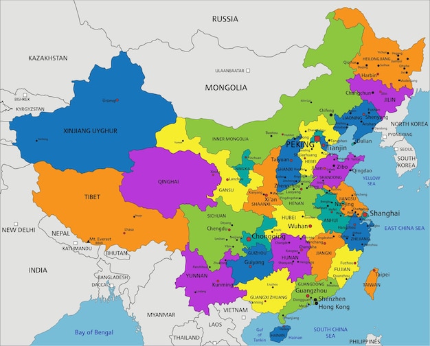 Mapa político de China colorido con capas separadas claramente etiquetadas Ilustración vectorial