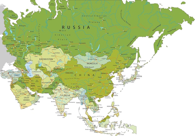 Mapa político editable altamente detallado con capas separadas Asia