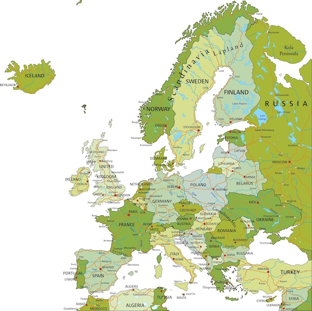 Mapa político editable altamente detallado con capas separadas Europa