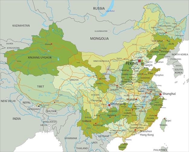 Mapa político editable muy detallado con capas separadas China
