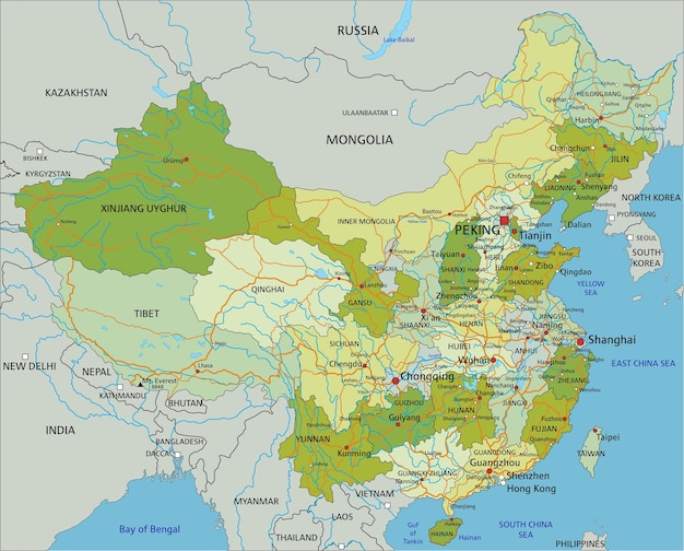 Mapa político editable muy detallado con capas separadas China