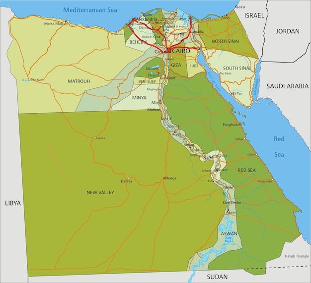 Mapa político editable muy detallado con capas separadas Egipto