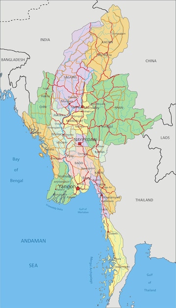 Mapa político editable muy detallado de Myanmar con etiquetado