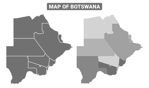 Mapa político en escala de gris de Botswana con bordes y un conjunto de ilustraciones vectoriales de estilo de contorno