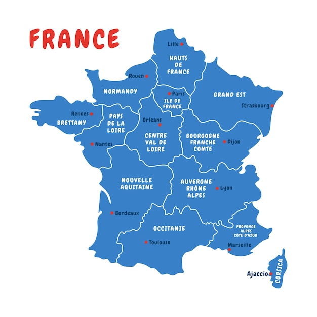 Vector mapa político de francia con regiones francesas ilustración de vector dibujado a mano