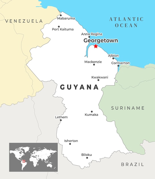 Mapa político de guyana con la capital georgetown las ciudades más importantes con fronteras nacionales