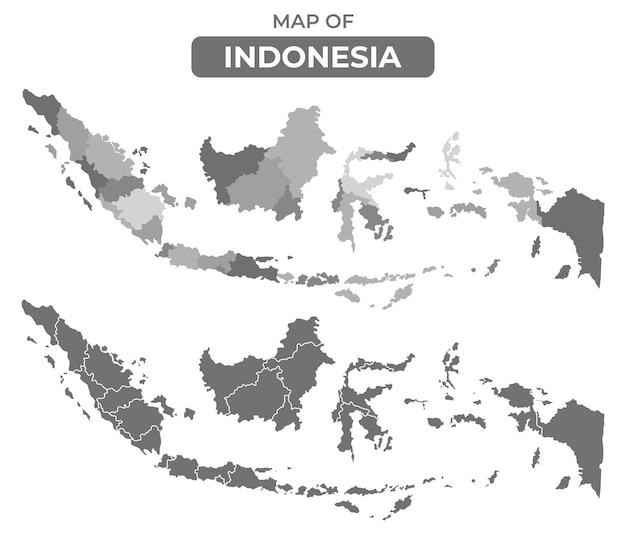 Mapa político de Indonesia en escala de gris con bordes, contorno de estilo, conjunto de ilustraciones vectoriales