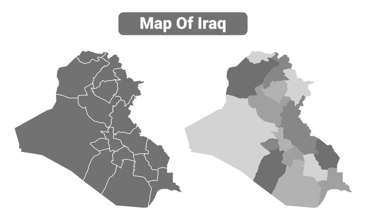 Vector mapa político de irak en escala de gris con bordes y un conjunto de ilustraciones vectoriales de estilo de contorno