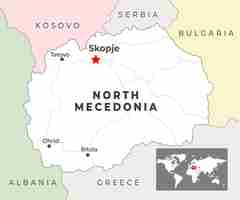 Vector mapa político de macedonia del norte con la capital skopje, las ciudades más importantes y las fronteras nacionales