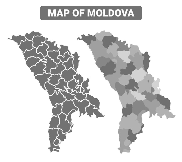 Mapa político de Moldavia en escala de gris con bordes y un conjunto de ilustraciones vectoriales de estilo de contorno