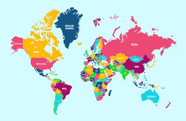 Vector mapa político mundial continentes detallados países fronteras y nombres atlas para estadísticas de viajes globales o diseño infográfico ilustración vectorial mapa colorido con fronteras nacionales