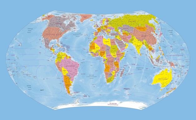 Vector mapa político mundial en idioma ruso proyección de wagner vii