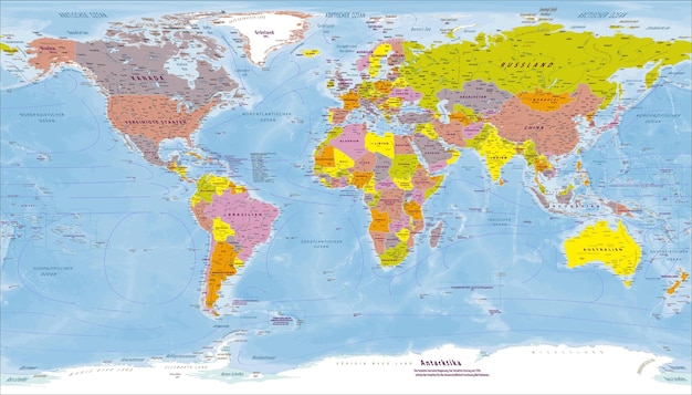 Vector mapa político mundial proyección de patterson en idioma alemán