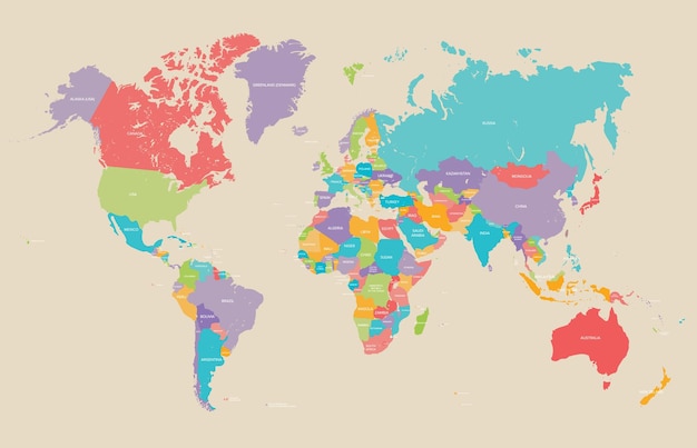 Vector mapa político mundial de la tierra en la ilustración de vector de paleta de colores retro