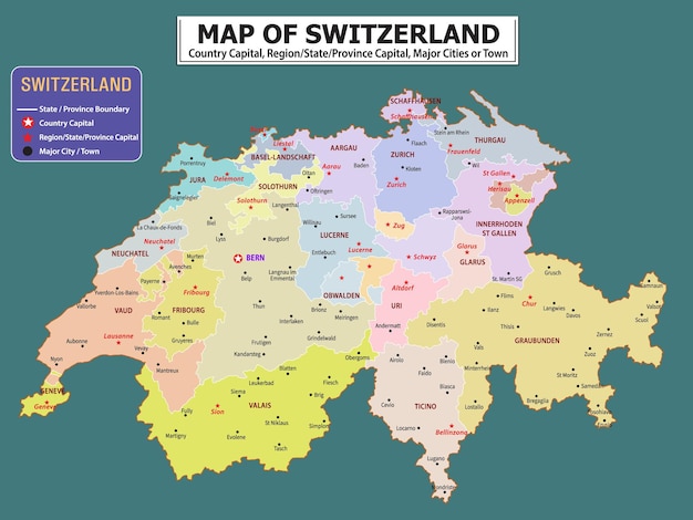 Mapa político del país con la capital de la provincia o la capital del estado, las principales ciudades y pueblos