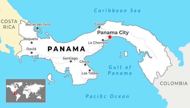 Vector mapa político de panamá con la capital ciudad de panamá, las ciudades más importantes y las fronteras nacionales