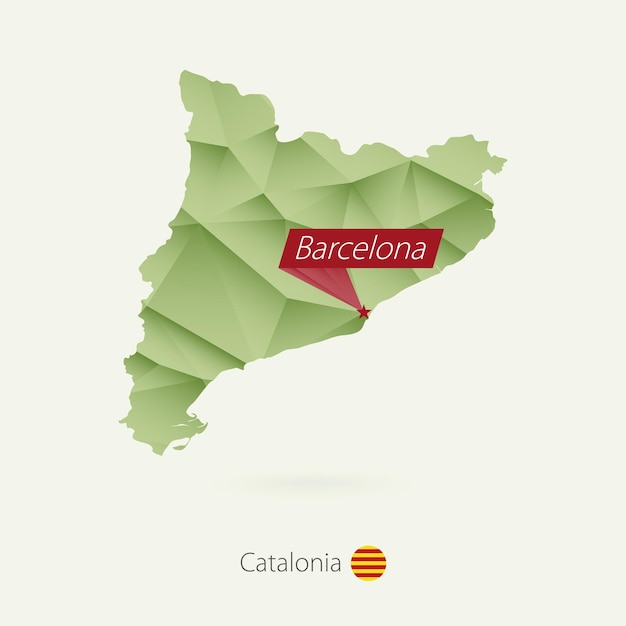 Mapa polivinílico bajo degradado verde de Cataluña con capital Barcelona