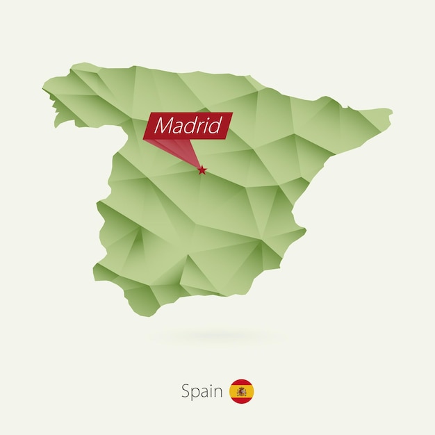 Vector mapa polivinílico bajo degradado verde de españa con capital madrid