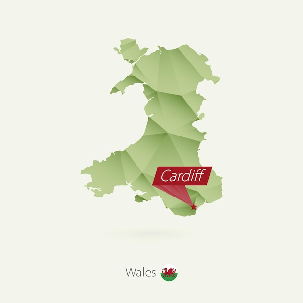 Mapa polivinílico bajo degradado verde de gales con capital cardiff