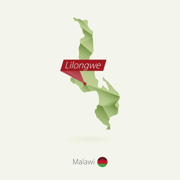 Mapa polivinílico bajo degradado verde de Malawi con capital Lilongwe