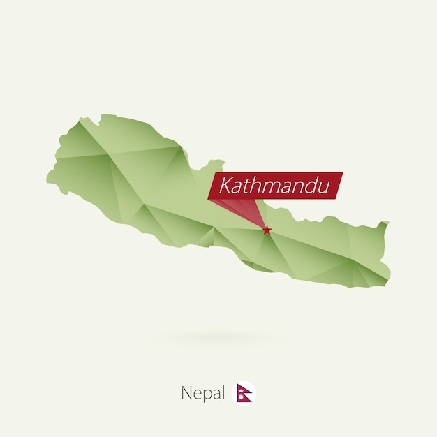 Mapa polivinílico bajo degradado verde de nepal con capital katmandú