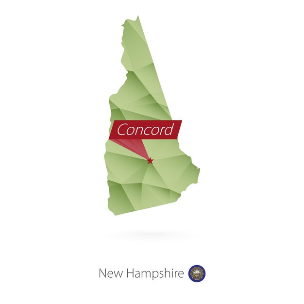 Mapa polivinílico bajo degradado verde de New Hampshire con capital Concord