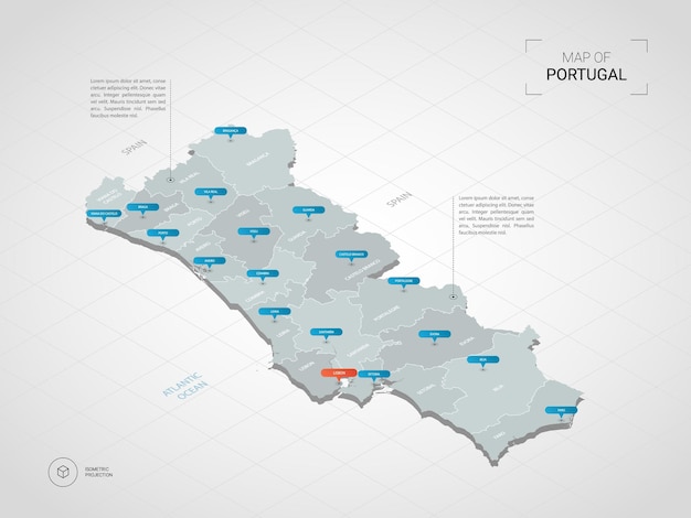 Mapa de portugal 3d isométrico.