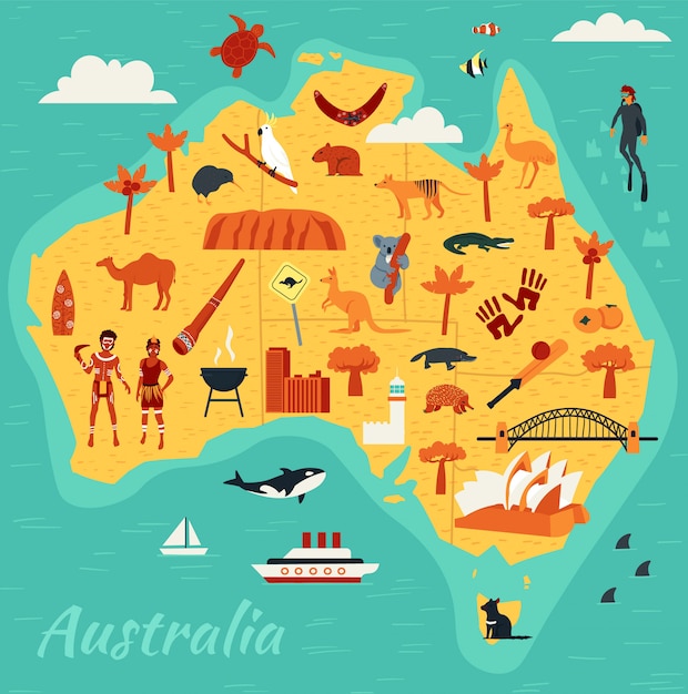 Mapa de las principales atracciones turísticas de australia, ilustración