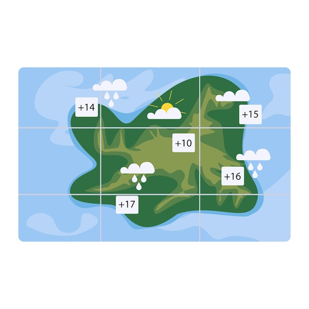 Mapa de pronóstico del tiempo objeto de vector de color semiplano