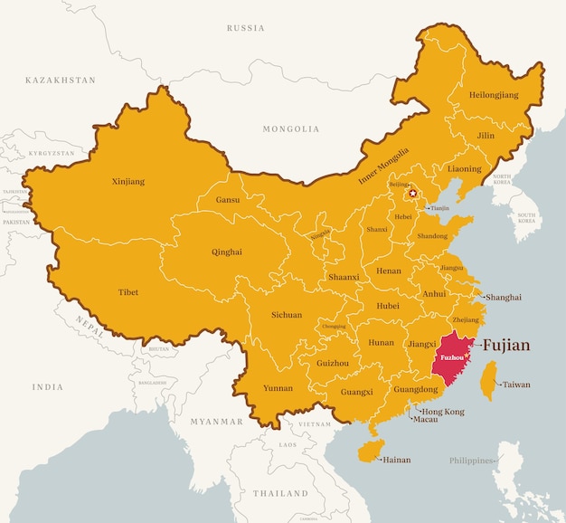 Mapa de la provincia de Fujian, China, con el nombre de la frontera del país y la capital