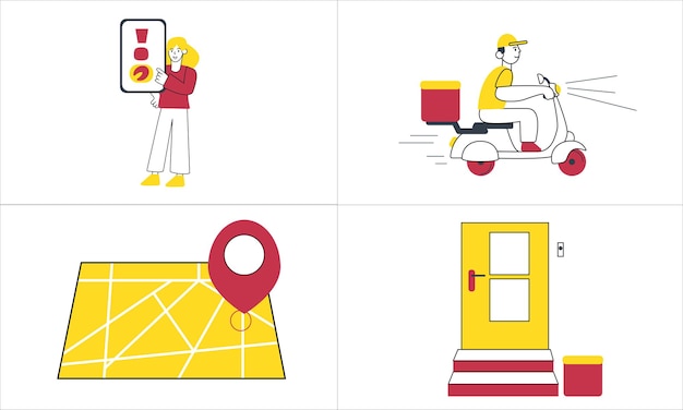 Vector mapa de la puerta del teléfono inteligente de la motocicleta del chico de la entrega