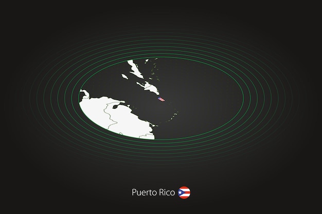 Mapa de Puerto Rico en mapa ovalado de color oscuro con países vecinos