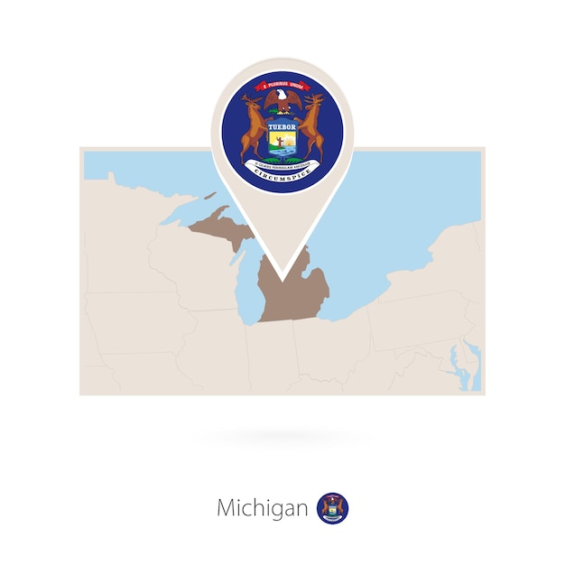 Mapa rectangular del estado estadounidense de Michigan con el ícono de pin de Michigan