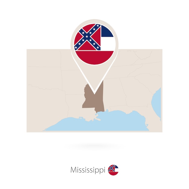 Mapa rectangular del estado estadounidense de Mississippi con el icono de alfiler de Mississippi