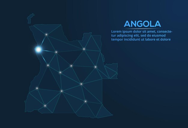 Mapa de la red de comunicación de Angola Imagen vectorial de baja poli de un mapa global con luces en forma de ciudades Mapa en forma de constelación muda y estrellas