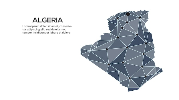 Mapa de la red de comunicación de Argelia Imagen vectorial de un mapa global polivinílico bajo con luces de la ciudad Mapa en forma de triángulos y puntos