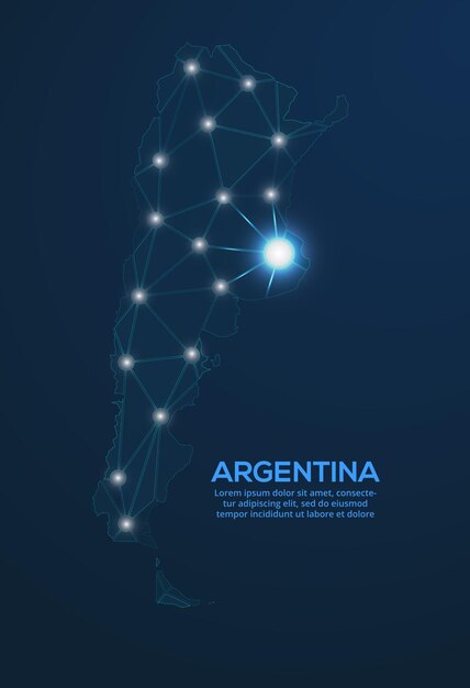 Mapa de la red de comunicación de argentina imagen vectorial de un mapa global con luces en forma de ciudades mapa en forma de constelación muda y estrellas