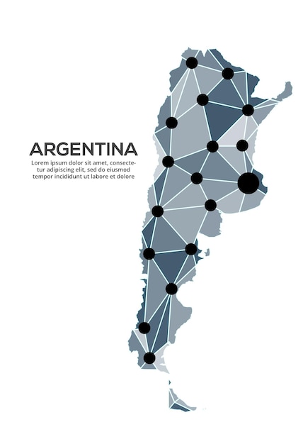 Mapa de la red de comunicación de Argentina Imagen vectorial de un mapa global polivinílico bajo con luces de la ciudad Mapa en forma de triángulos y puntos