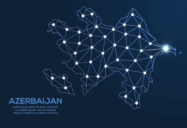 Mapa de la red de comunicación de Azerbaiyán Imagen vectorial de baja poli de un mapa global con luces en forma de ciudades Mapa en forma de constelación muda y estrellas