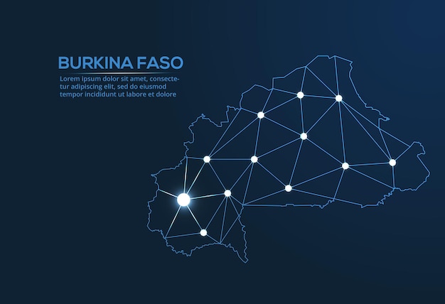 Mapa de la red de comunicación de burkina faso imagen polivinílica baja vectorial de un mapa global con luces en forma de ciudades mapa en forma de constelación muda y estrellas