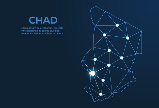 Mapa de la red de comunicación de Chad Imagen vectorial de baja poli de un mapa global con luces en forma de ciudades Mapa en forma de constelación muda y estrellas