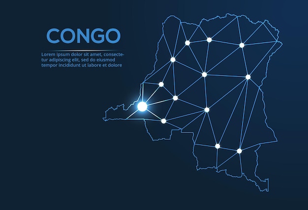 Mapa de la red de comunicación del Congo Imagen vectorial de un mapa global con luces en forma de ciudades Mapa en forma de constelación muda y estrellas