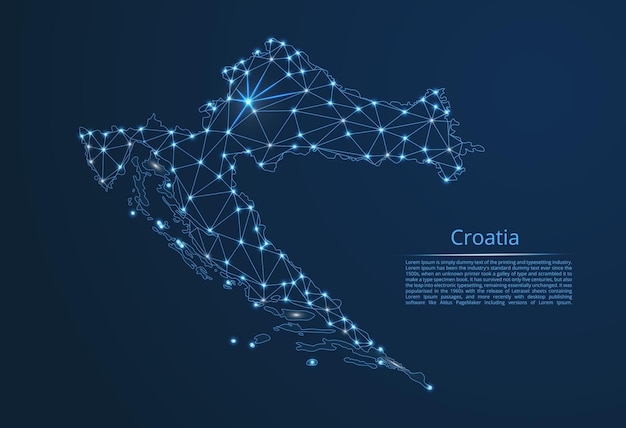 Mapa de la red de comunicación de Croacia Imagen vectorial de baja poli de un mapa global con luces