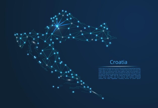 Mapa de la red de comunicación de Croacia Imagen vectorial de baja poli de un mapa global con luces