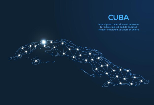 Mapa de la red de comunicación de Cuba Imagen polivinílica baja vectorial de un mapa global con luces en forma de ciudades Mapa en forma de constelación muda y estrellas