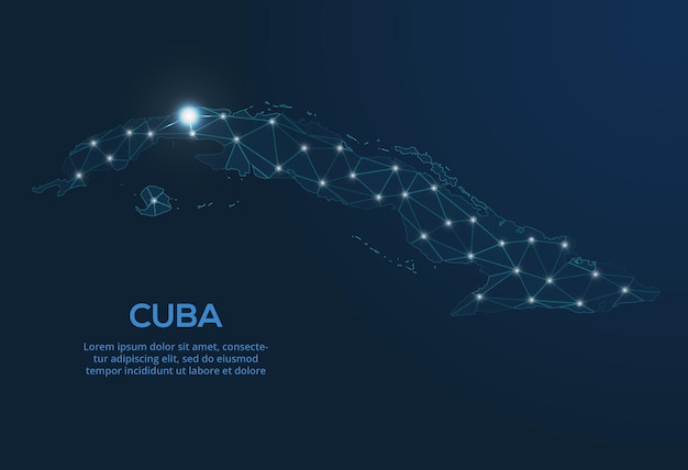 Mapa de la red de comunicación de Cuba Imagen polivinílica baja vectorial de un mapa global con luces en forma de ciudades Mapa en forma de constelación muda y estrellas
