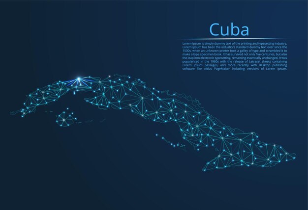 Mapa de la red de comunicación de Cuba Imagen vectorial de baja poli de un mapa global con luces