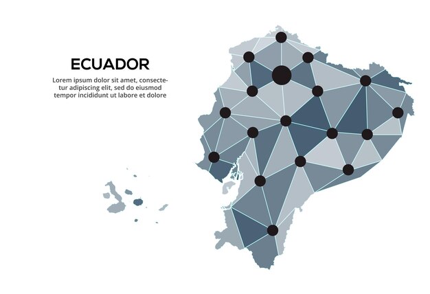 Mapa de la red de comunicación de Ecuador Imagen vectorial de un mapa global polivinílico bajo con luces de la ciudad Mapa en forma de triángulos y puntos