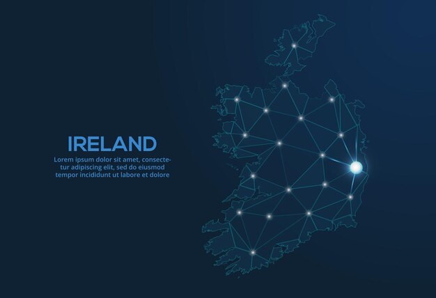 Mapa de la red de comunicación de Irlanda Imagen vectorial de baja poli de un mapa global con luces en forma de ciudades Mapa en forma de constelación muda y estrellas